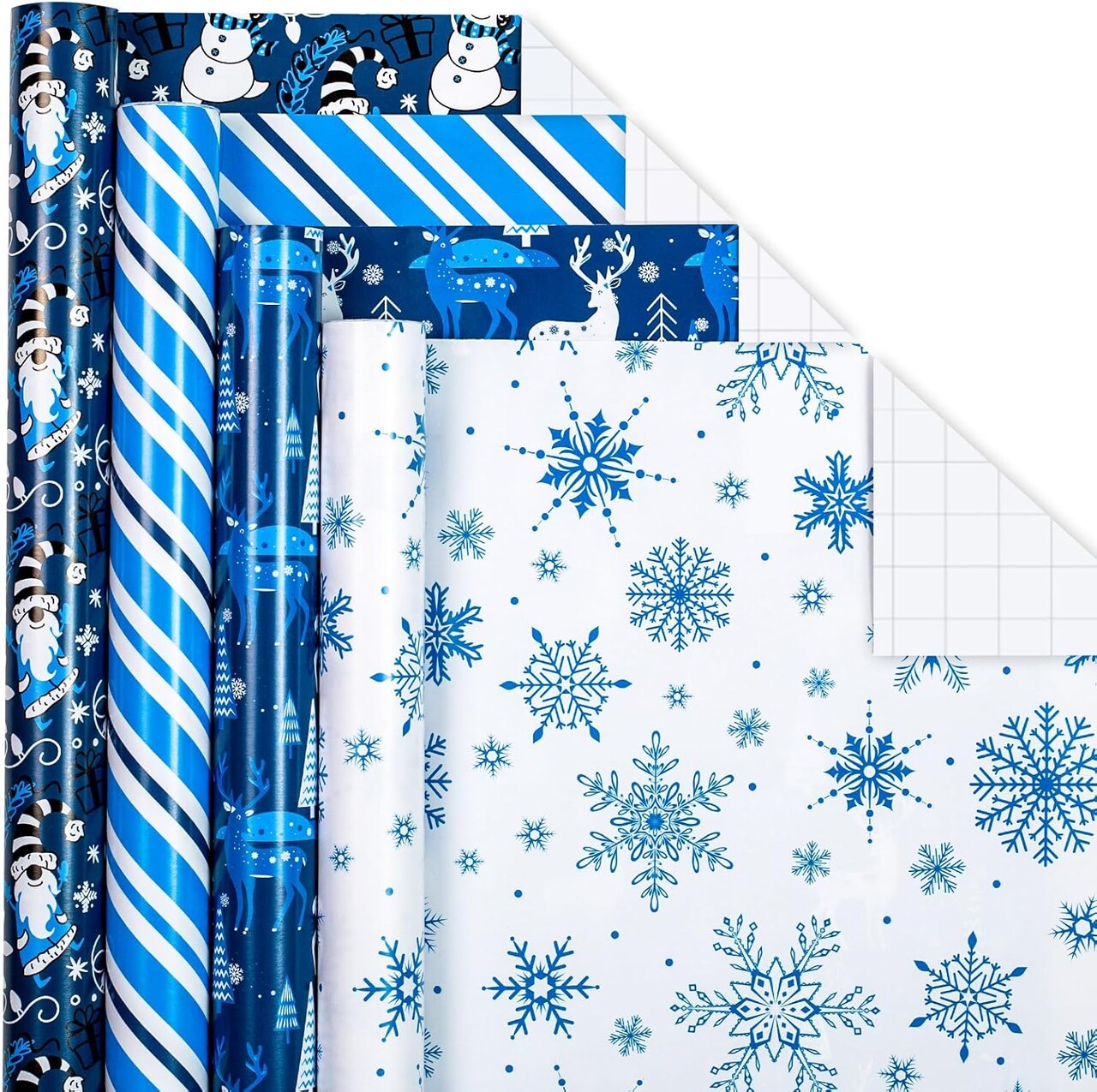Jumbo Christmas Wrapping Paper Bundle with Gridlines-30 In X120 In-4 Roll-Snowmen & Santa Claus & Snowflakes & Reindeer & White Stripes & Tree for New Year,Birthday,Holiday